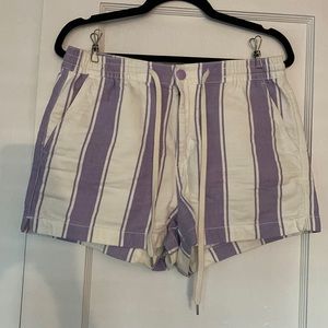 High waisted purple and white striped shorts